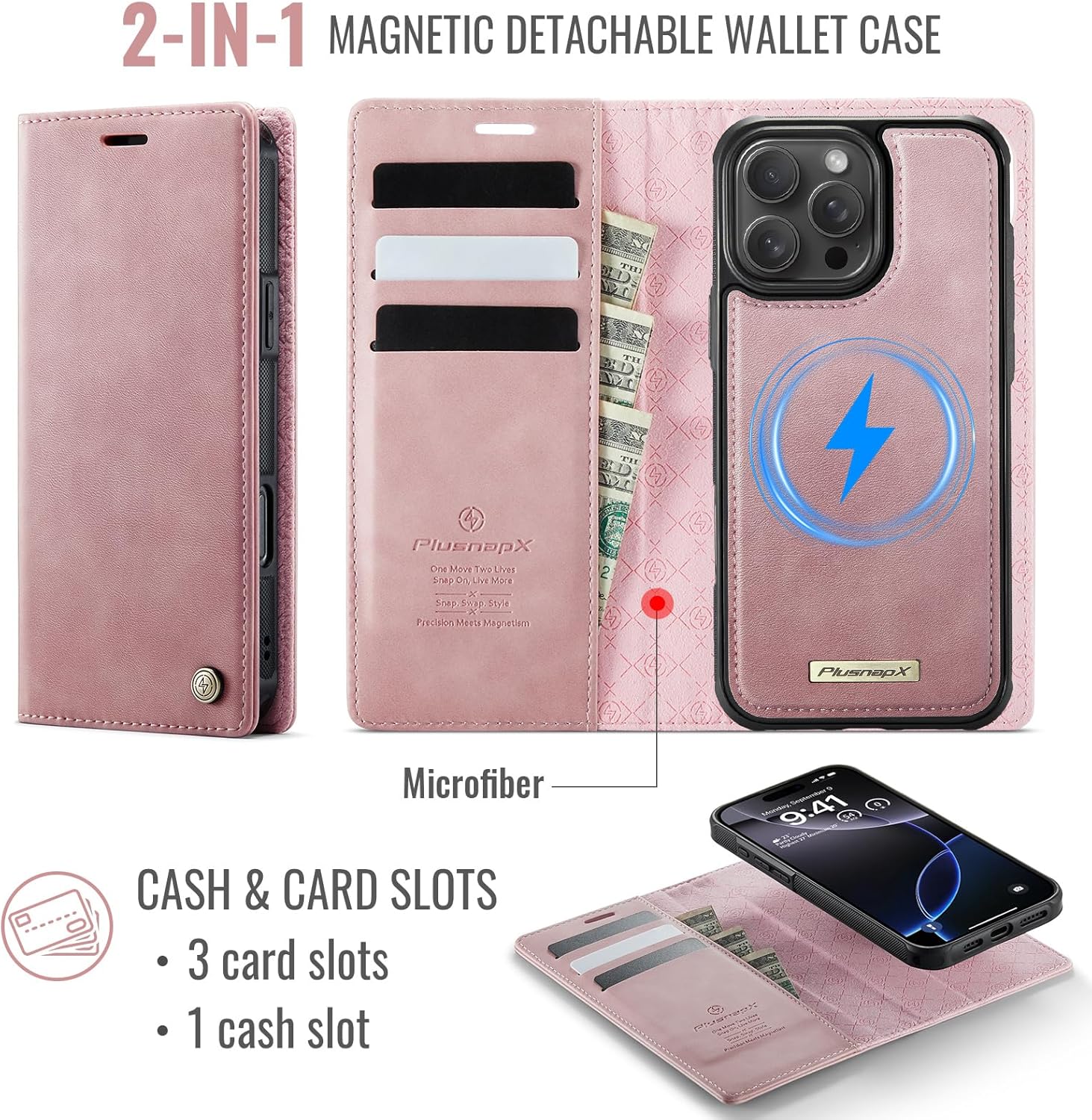 Wallet Case for iPhone 16 Pro Max Compatible with Magsafe, 2-in-1 PU Leather Flip RFID Blocking Card Holder Stand Shockproof Magnetic Detachable Cover for iPhone 16 Pro Max Case 6.9, Pink